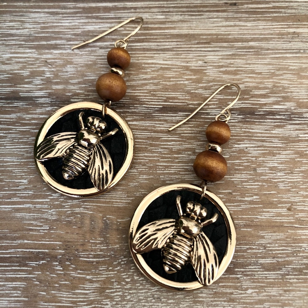 Gold Bee Drop Earrings - Picture 3 of 5